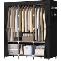 Wardrobe Closet,Portable Closet for Bedroom Steel Pipe Diameter 19mm Strong and Sturdy Black Portable Closets for Hanging Clothes with 3 Hanging rods, 6 Storage Shelves and Side Pockets