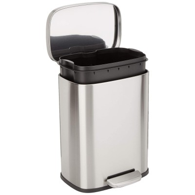 Smudge Resistant Small Rectangular Trash Can With Soft-Close Foot Pedal, for Bathroom/ Living room, Brushed Stainless Steel,12 Liter/3.1 Gal, Satin Nickel Finish,11.3"L x 9.9"W x 15.1"H