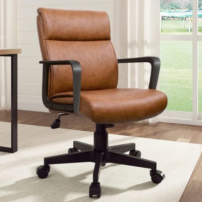 Leather Office Chair Brown Desk Chair Mid Back Leather Desk Chair Mid Century Office Chair for Home Office