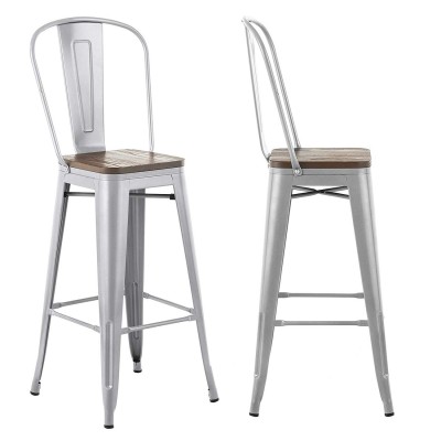 mecor Metal Bar stools Set of 4 with Removable Backrest, 30'' Dining Counter Height Chairs with Wood Seat (Silver)